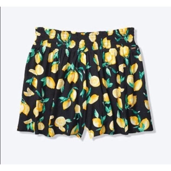 PINK VICTORIA'S SECRET SMOCKED WAIST LEMON PRINT SHORTS LARGE BLACK YELLOW - Picture 2 of 11